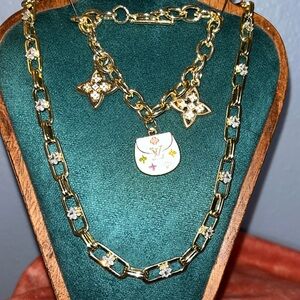 Gold and CZ Necklace with LV Fashion Charm Bracelet